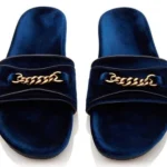 Churchill Chain-trimmed blue Velvet slides