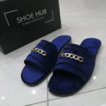 Churchill Chain-trimmed blue Velvet slides - Image 3